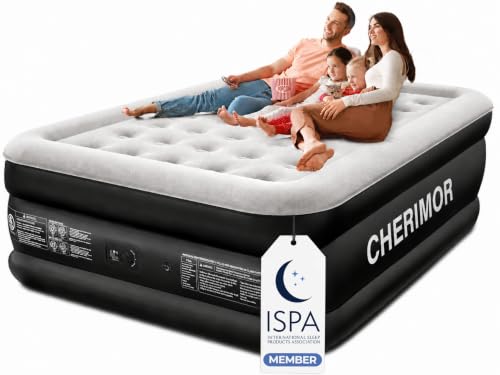 CHERIMOR Black Queen Air Mattress with Built-in Pump 18in, Upgraded 40 Air-Coil, Puncture-Resistant