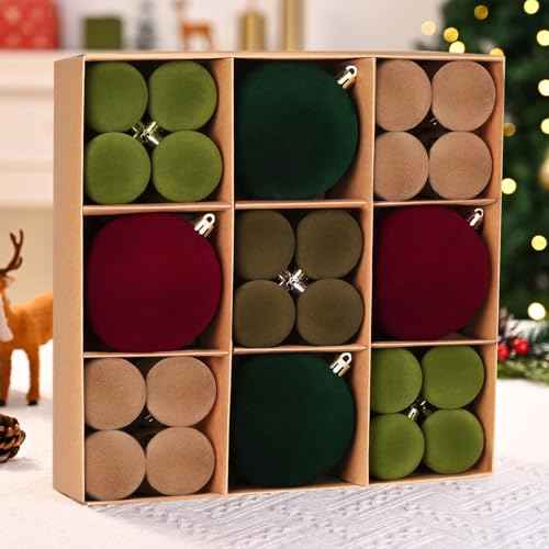 Uspring 44 Pcs Velvet Christmas Ornaments Set - 1.57 & 3.15 Inch Flocked Ornaments Shatterproof Christmas Balls for Xmas Tree Holiday Wedding Party with Pre-Tied Hanging Strings, Red, Green