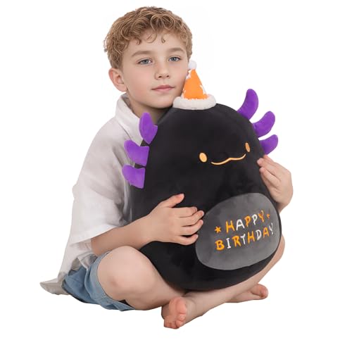 16 inch Happy Birthday Axolotl Plush Pillow, Cute Black Axolotl Stuffed Animal Home Room Decoration, Birthday Party Gift for Kids Boys Girls, Halloween, Christmas