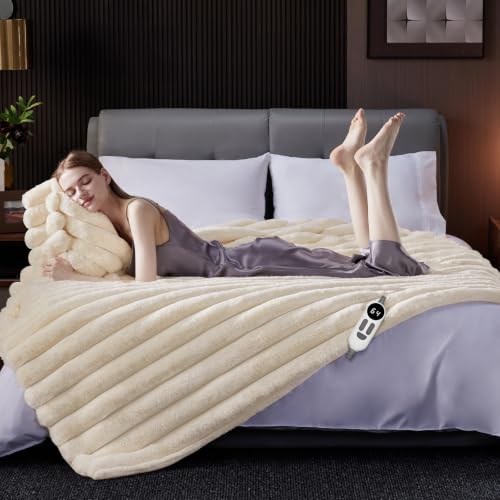 HaloRest Cream White 50x60 Inch Heated Faux Fur Throw Blanket - Electric, Soft & Safe