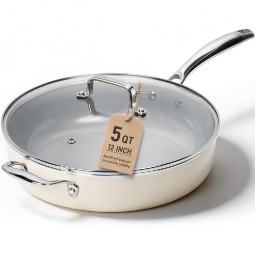 Kikcoin 12 Inch Ceramic Nonstick Deep Frying Pan with Lid, 5 QT - Cream & Grey