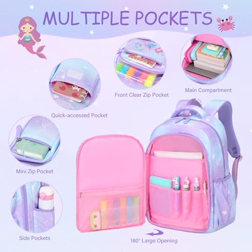 Purple Mermaid Girls Backpack Set with 14oz Leak-Proof Water Bottle & Lunch Bag - 4 Pieces