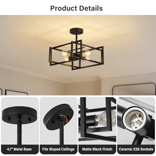 Xvbhta Black 4-Light Semi Flush Mount Ceiling Light Fixture - Industrial Farmhouse Style