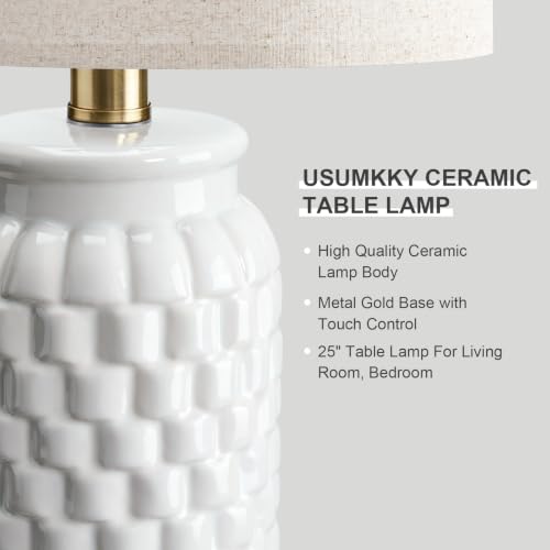 USumkky 25'' Touch Table Lamp - White Ceramic Nightstand Lamp with 3-Way Dimmable, Includes 2 LED Bulbs, Modern Farmhouse Style