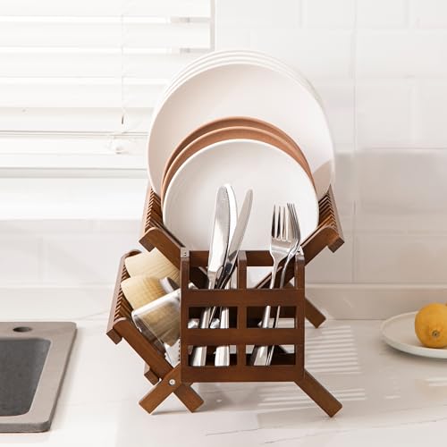 Teak Folding 2-Tier Dish Rack with Utensil Holder - Collapsible Kitchen Drying Stand