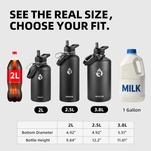 RAYMYLO 128 oz Insulated Water Bottle - Black, Triple Wall Stainless Steel, Leak-Proof, + Paracord Handle