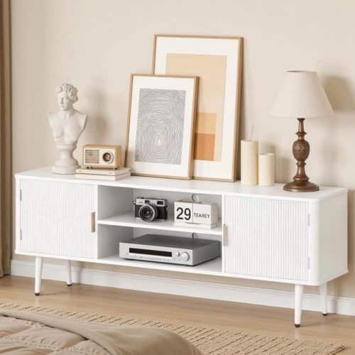 Modern TV Stand for 60 Inch TVs with Fluted Cabinet Doors and Adjustable Shelves