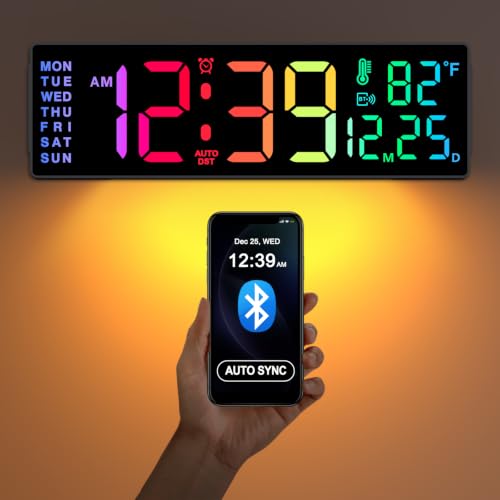 Soobest 14.2 Inch RGB Digital Wall Clock with Bluetooth & Remote, Large LED Display