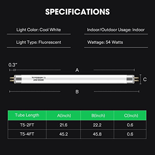 VIVOSUN T5 Grow Light Bulbs 2 Feet 24W 6500K HO for Indoor Plants - 5 Pack