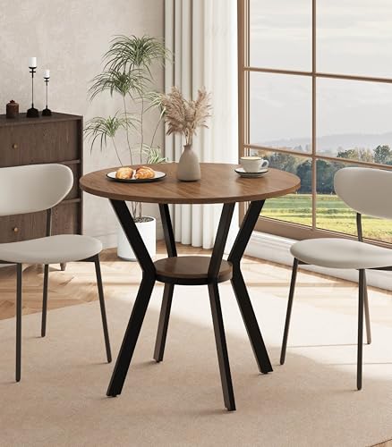 Walnut 31.5 Inch Round Dining Table for 2-4 with Storage - Small Kitchen Table