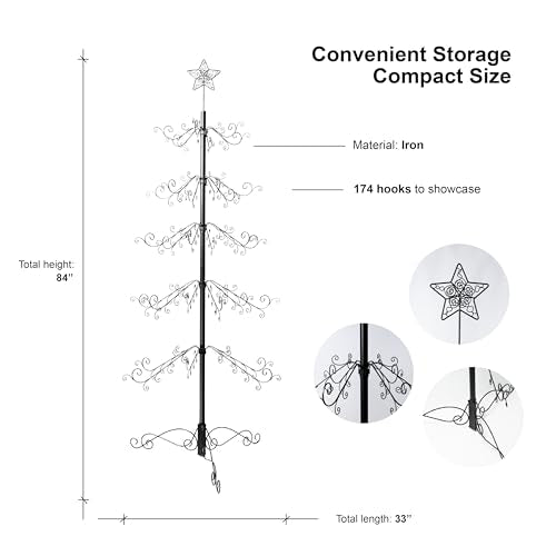 Black Ornament Display Tree Stand 6.5 Ft for Christmas Decorations with 174 Hooks