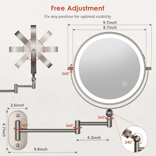 ZLOKLA 9-Inch Rechargeable Wall-Mounted Lighted Makeup Mirror 30X Magnification, Nickel Finish, 4000mAh Battery, Extendable Arm, Touch Dimmable Lights - Nickel