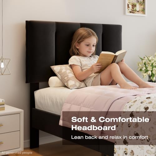 VECELO Twin Size Bed Frame with Upholstered Headboard - Black, 2-Black
