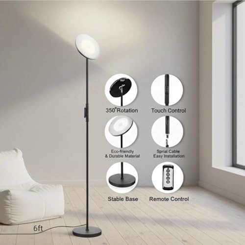 JOOFO LED Torchiere Floor Lamp with Remote & Stepless Dimming Black