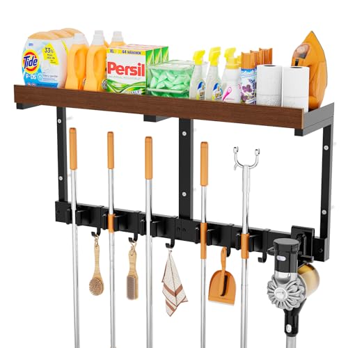 Wall-Mounted Broom and Mop Organizer with Shelf - Black