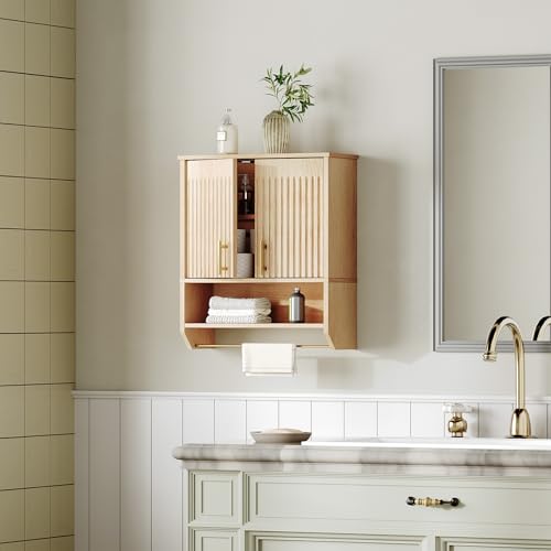 Narrow Bathroom Wall Cabinet with Towel Rack - Farmhouse Fluted Style, Natural, 15.7"L x 7.9"W x 22.4"H