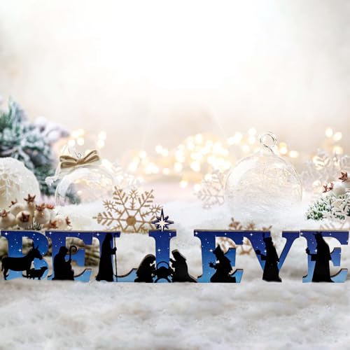 Believe Nativity Scene Wooden Sign - Christmas Tabletop Decor
