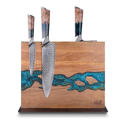 Magnetic Knife Block - Double-Sided Acacia Wood & Blue Resin Holder - 12x10 Inches - Blue