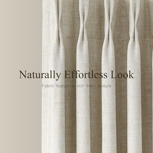 AUSSPVOCT Natural Linen Blackout Curtains 40W x 90L Pack of 2 - Pinch Pleated, Room Darkening