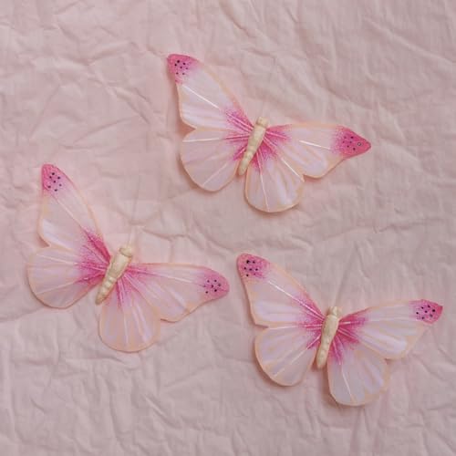 12PCS Pink Real Feather Butterfly Decorations with Clips, Sticks & Adhesive Dots, Handmade 3.9x2.4inch Cake Topper, Wall Decor, Hair Clip, Gift for Wedding Birthday Graduation