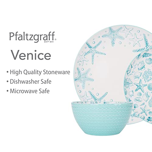 Stoneware Dinnerware Set for 4 - Aqua White Coastal Design, Microwave Safe