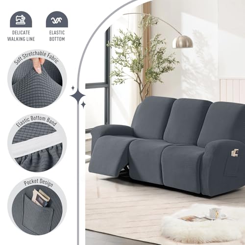 TAOCOCO Grey 3-Seat Recliner Sofa Cover 8-Piece Stretch Slipcover Set