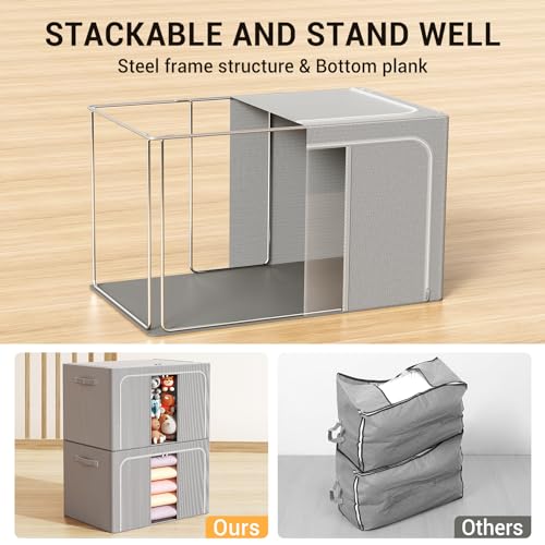 Light Gray Foldable Clothes Storage Bins with Metal Frame 66L - 3 Pack