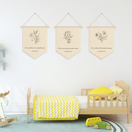 VitalCozy 3 Pcs Nursery Scripture Bible Verse Christian Botanical Decor Canvas Hanging Pennant Flag Banner Wall Sign Decor Gift for Nursery Bedroom Playroom Front Door Baby Kids Girl Boy Birthday Gift