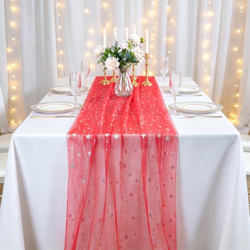 ShinyBeauty 28x120 Inch Red Iridescent Star Gauze Table Runner for Christmas & Holiday Decor