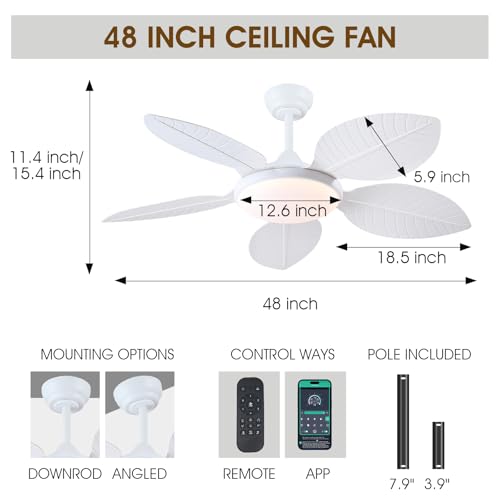 Wiviniya 48 Inch White Tropical Ceiling Fan with Lights & Remote Control