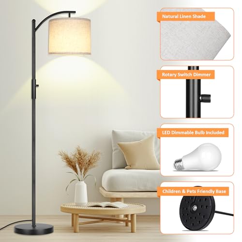 ROTTOGOON Black Dimmable Arc Floor Lamp - Modern Tall Standing Lamp with Linen Shade, 0-100% Stepless Dimming for Living Room & Bedroom