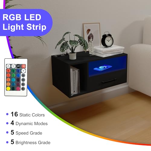 Homaterial Floating Nightstand with Charging Station & Lights, Black