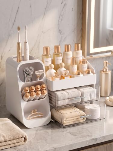 Booklov Large Makeup Organizer with Drawers and Compartments - Crystal White, L01