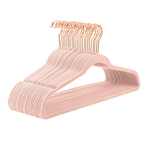 MIZGI Velvet Hangers 50 Pack Non-Slip Heavy Duty Blush Pink Rose Gold Hooks - Space Saving Closet Organizer