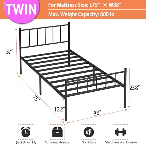 Twin Metal Bed Frame Black - Steel Slat Support, Noise-Free, Easy Assembly