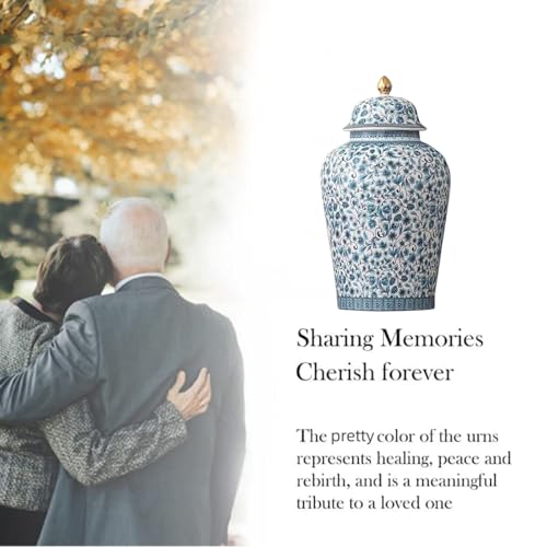 Blue Flower Urn for Adult Ashes - Ceramic Large Memorial Cremation Urn 200 Cubic Inches - Blue Flowers 200Lb Variation