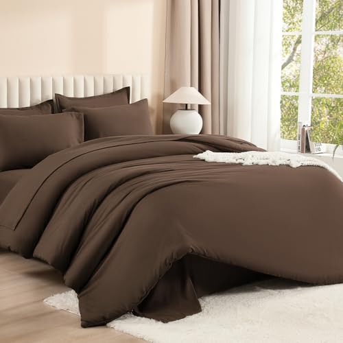 Litanika Brown King Comforter Set with Sheets - 7 Pieces, Solid Bed in a Bag, 104x90 Inches
