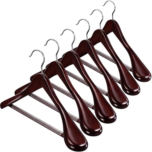 Cherry Wood Wide Shoulder Hangers - Heavy-Duty Suit & Coat Hangers, 6 Pack
