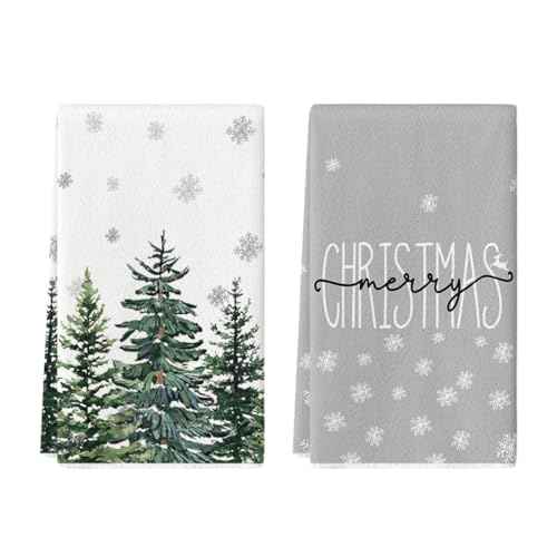 Artoid Mode Hello Snowflakes Winter Kitchen Towels Dish Towels, 18x26 Inch Christmas Pine Trees Decoration Hand Towels Set of 2