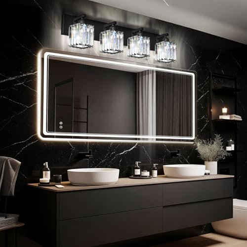 Black Crystal Bathroom Vanity Light - 4-Light Modern Wall Sconce with Square Shade - Matte Black Fixture