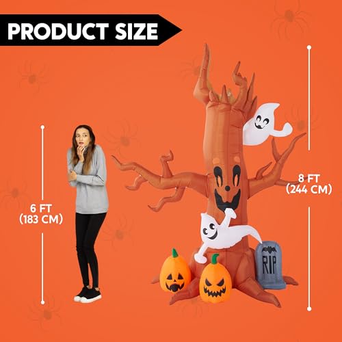 8FT Halloween Inflatable Scary Tree with Ghost, Pumpkins & Tombstone - LED Yard Decor