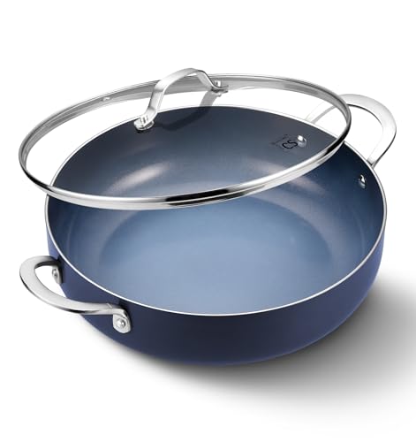 12-Inch Deep Frying Pan with Ceramic Nonstick Coating - 5.5 Quart Blue Saute Pan