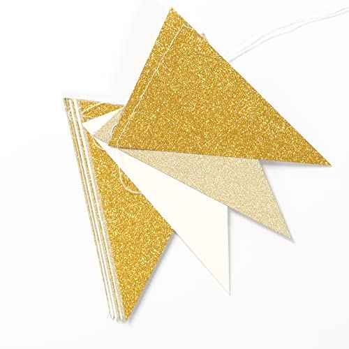 White-Gold Champagne Party-Decorations Banner,2 Pack Christmas Wedding Engagement Hanging Paper Triangle Pennant Flags Streamers,Bachelorette Neutral Baby Bridal Shower Supplies Decor Lasting Surprise