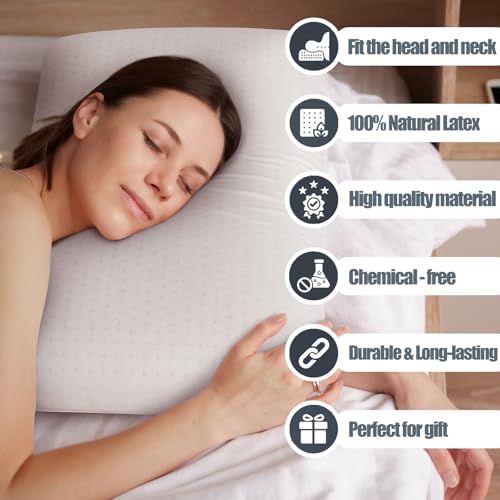 Queen Talalay Latex Pillow - Luxury Soft Natural Foam Bed Pillow for Side, Back & Stomach Sleepers - Breathable Cover (Mid Loft)