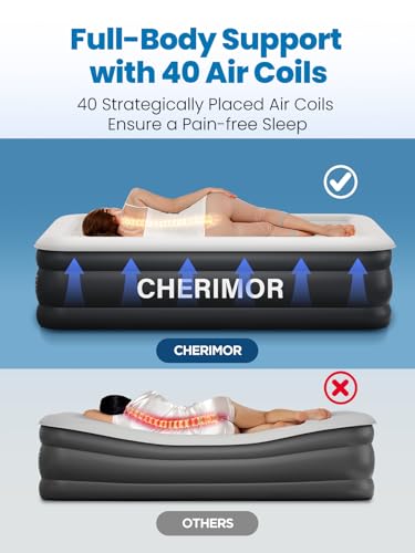 CHERIMOR Black Queen Air Mattress with Built-in Pump 18in, Upgraded 40 Air-Coil, Puncture-Resistant