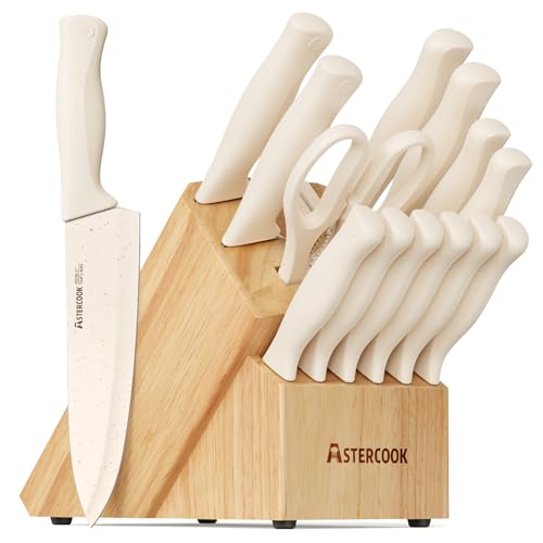 15-Piece Kitchen Knife Set with Sharpener Block - German Stainless Steel, Anti-Rust, Dishwasher Safe, Elegant Cream White
