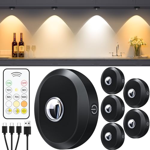 Rechargeable Under Cabinet LED Puck Lights with Remote Control - Warm White / Cool White, 6 Pack