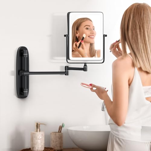 Black Wall Mounted Lighted Makeup Mirror with 10X Magnification & Dimmable LED Lights