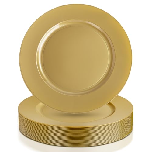 Gold Plastic Charger Plates 12 Inch 25 Pack - Elegant Disposable Dinnerware for Weddings & Parties