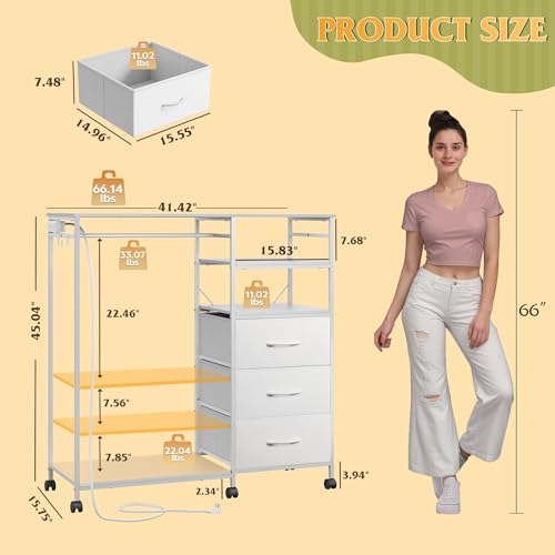 WLIVE White LED Dresser with 3 Drawers & Hanging Rack for Bedroom